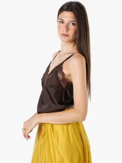 Solada Top donna effetto raso con scollo in pizzo e spalline strette - moro