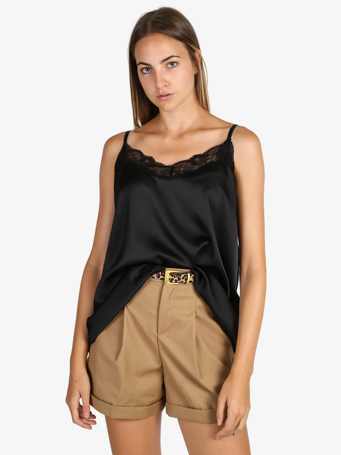Solada Top donna effetto raso con pizzo - nero