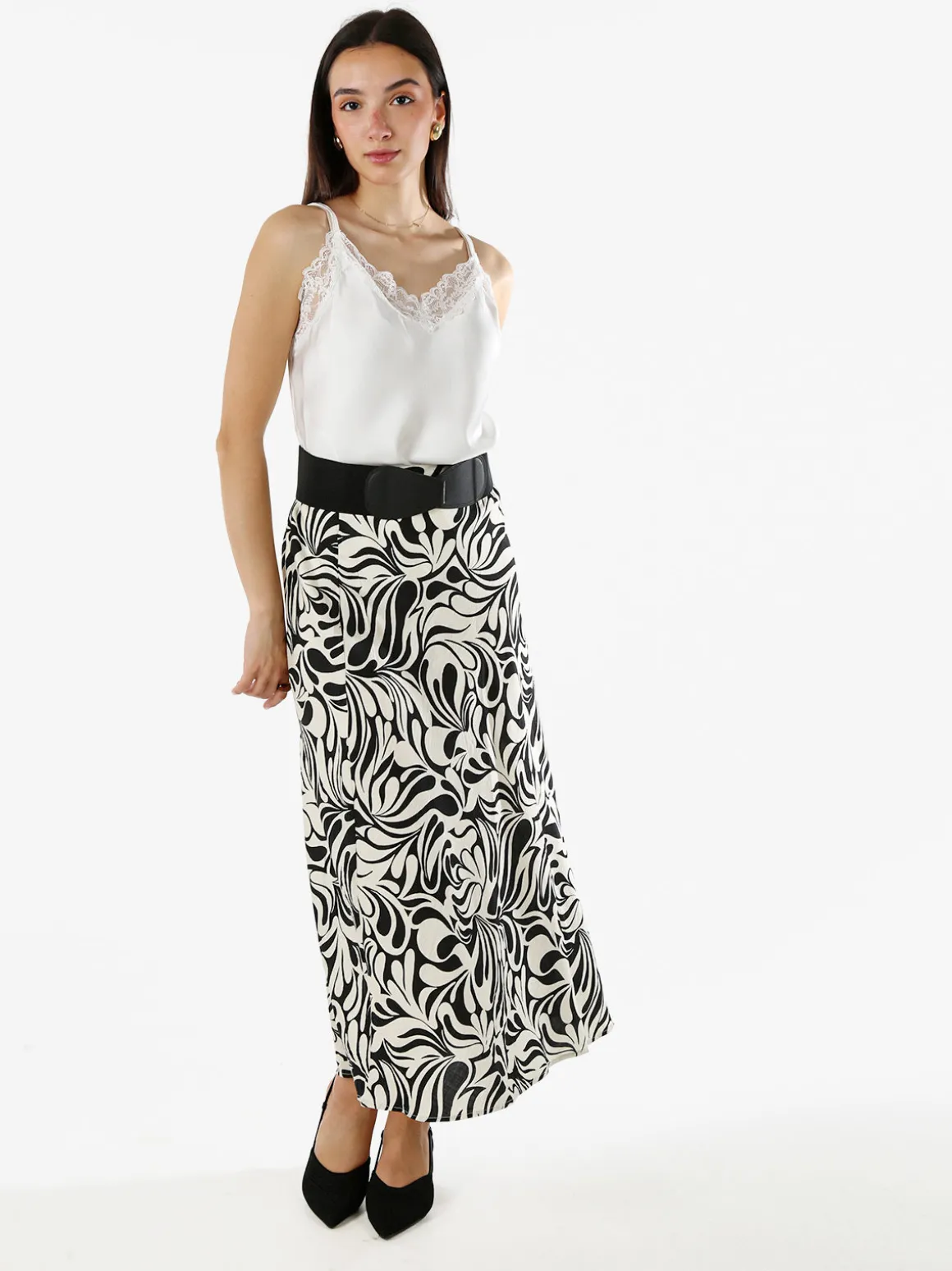 Solada Top donna effetto raso con scollo in pizzo e spalline strette - bianco