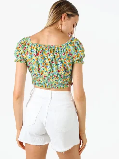 Solada Top donna floreale a maniche corte con scollo elasticizzato - verde