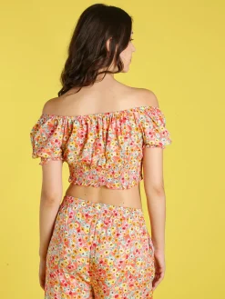 Solada Top donna floreale a maniche corte con scollo elasticizzato - arancione