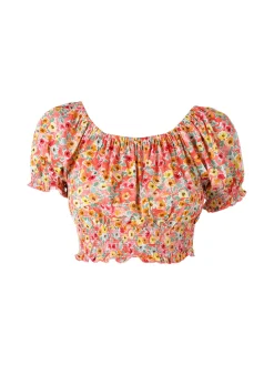 Solada Top donna floreale a maniche corte con scollo elasticizzato - arancione