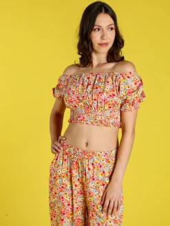Solada Top donna floreale a maniche corte con scollo elasticizzato - arancione