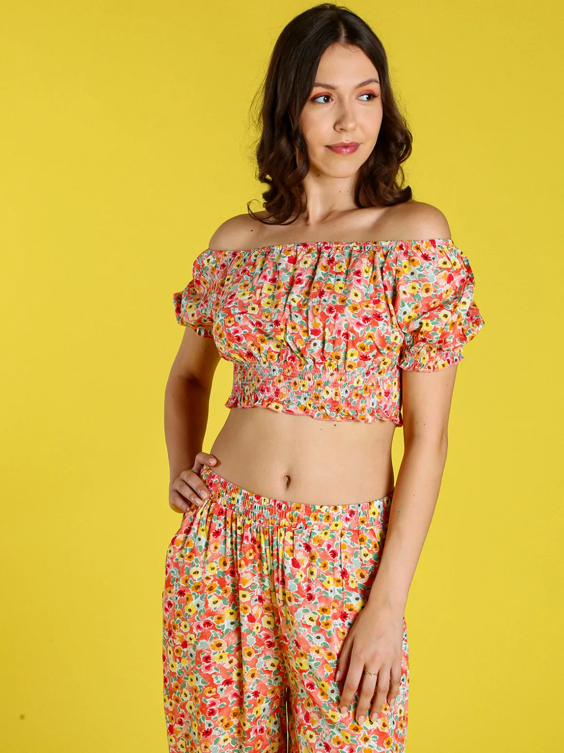 Solada Top donna floreale a maniche corte con scollo elasticizzato - arancione