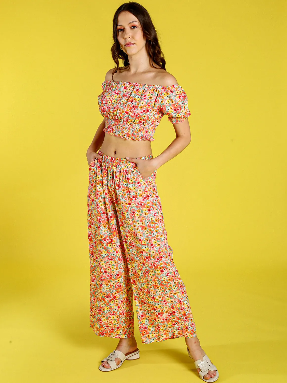 Solada Top donna floreale a maniche corte con scollo elasticizzato - arancione