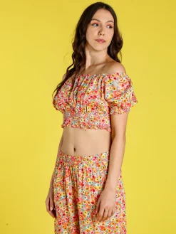 Solada Top donna floreale a maniche corte con scollo elasticizzato - arancione