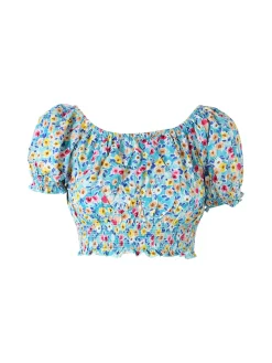 Solada Top donna floreale a maniche corte con scollo elasticizzato - blu
