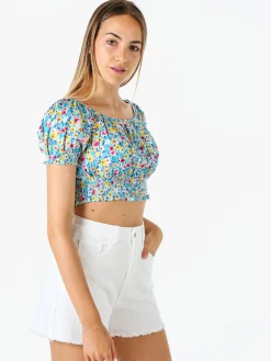 Solada Top donna floreale a maniche corte con scollo elasticizzato - blu