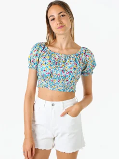 Solada Top donna floreale a maniche corte con scollo elasticizzato - blu