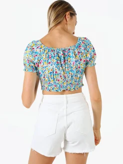 Solada Top donna floreale a maniche corte con scollo elasticizzato - blu
