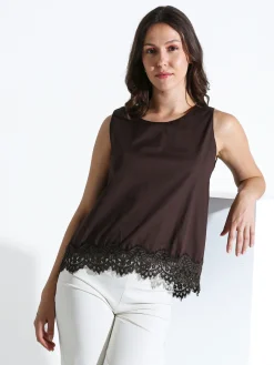 Solada Top donna in cotone con pizzo sul finale - blu scuro