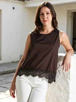 Solada Top donna in cotone con pizzo sul finale - blu scuro