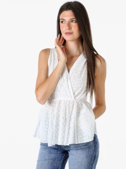 Solada Top donna in cotone con macramè e scollo a portafoglio - bianco