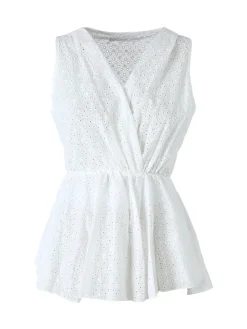 Solada Top donna in cotone con macramè e scollo a portafoglio - bianco