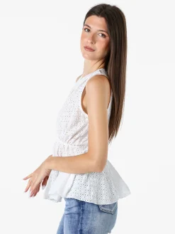 Solada Top donna in cotone con macramè e scollo a portafoglio - bianco