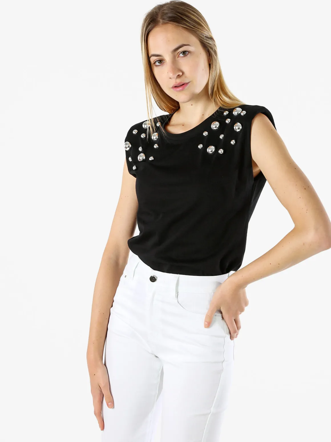 Solada Top donna in cotone con borchie - nero