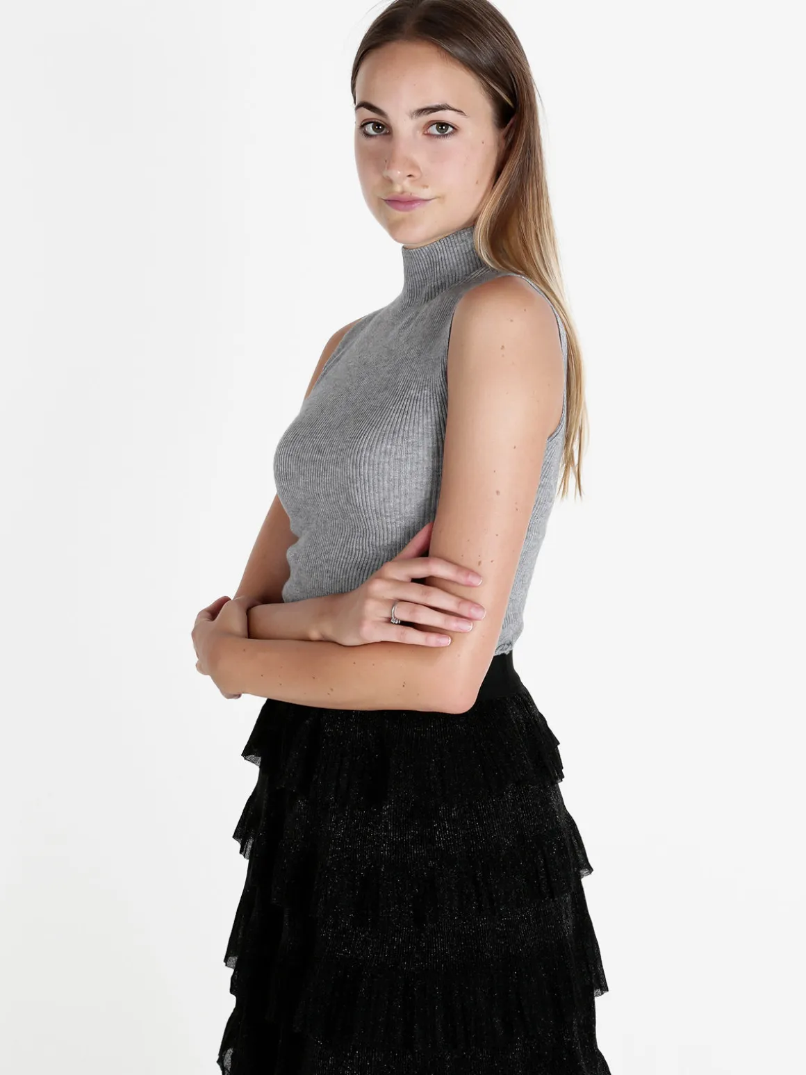 Solada Top donna in maglia a costine con collo a lupetto