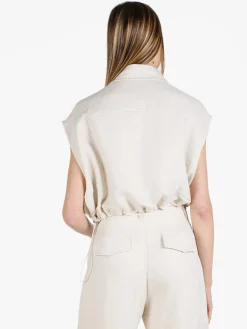 Solada Top donna in misto lino con coulisse laterali - khaki