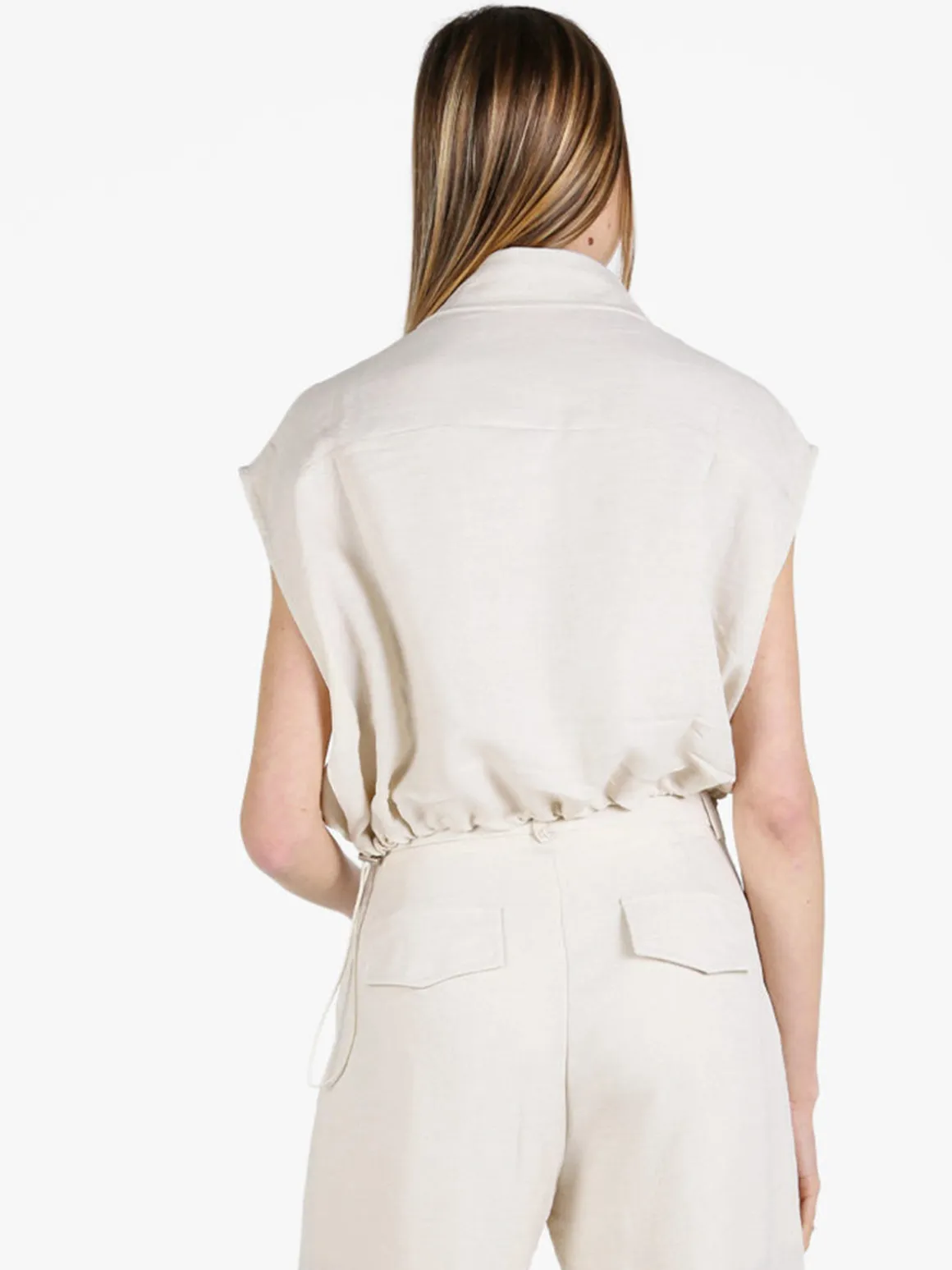 Solada Top donna in misto lino con coulisse laterali - khaki