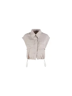 Solada Top donna in misto lino con coulisse laterali - khaki