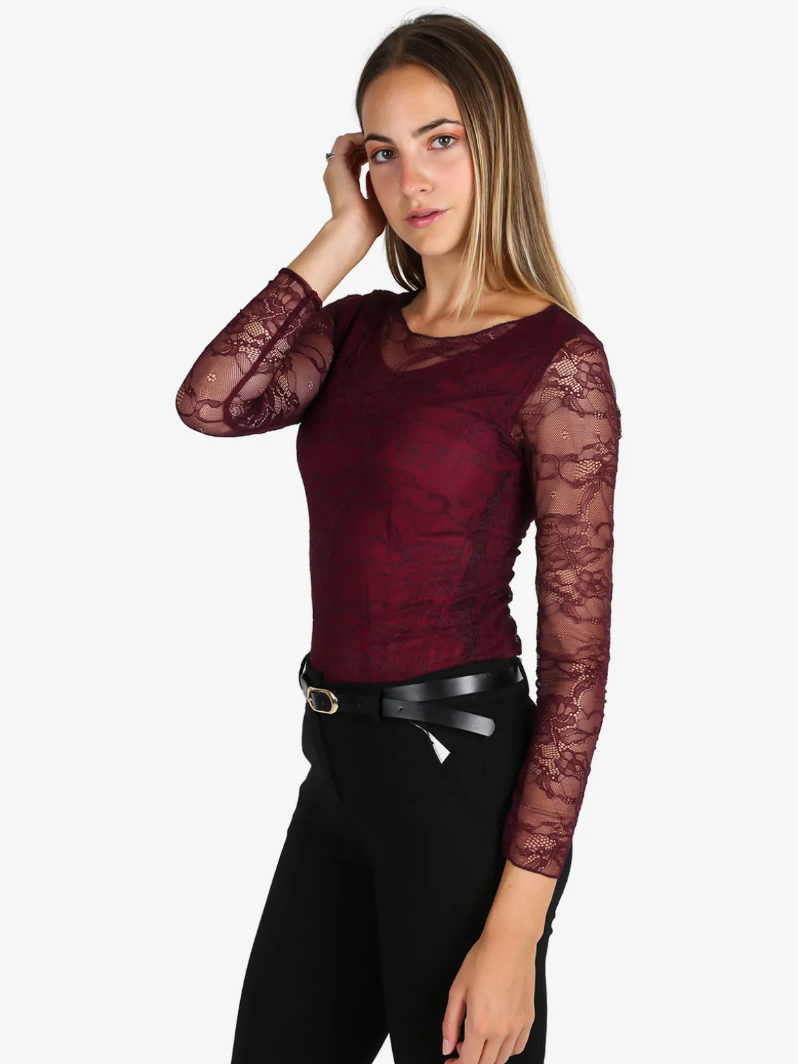 Solada Top donna in pizzo a maniche lunghe - bordeaux