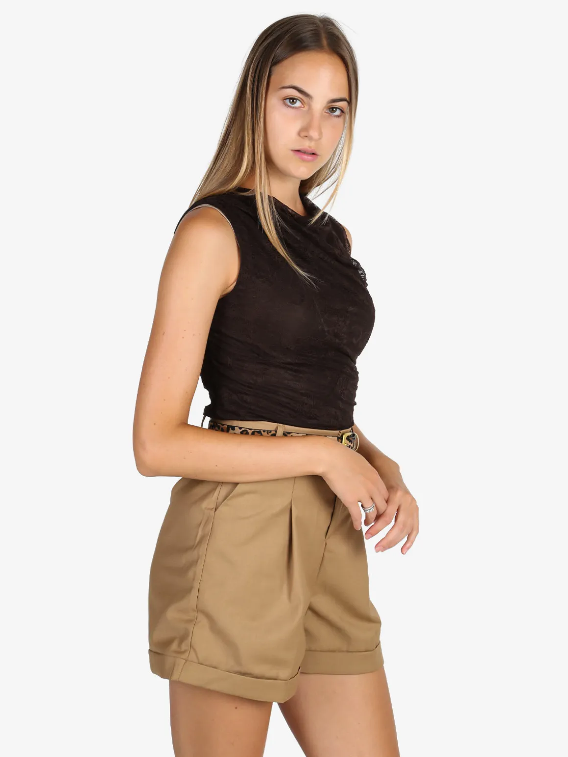 Solada Top donna in pizzo con scollo a cascata - marrone