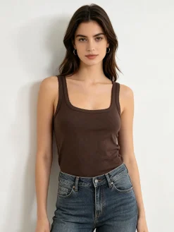 Solada Top donna in tinta unita con scollo quadrato - moro