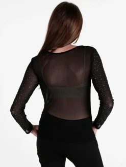 Solada Top donna in tulle a maniche lunghe con strass