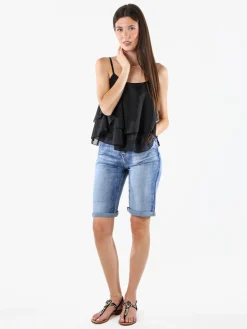 Solada Top donna leggero con spalline strette e balza - nero