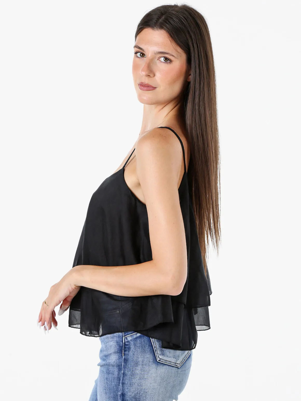 Solada Top donna leggero con spalline strette e balza - nero