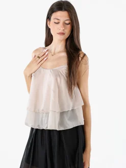 Solada Top donna leggero con spalline strette e balza - beige