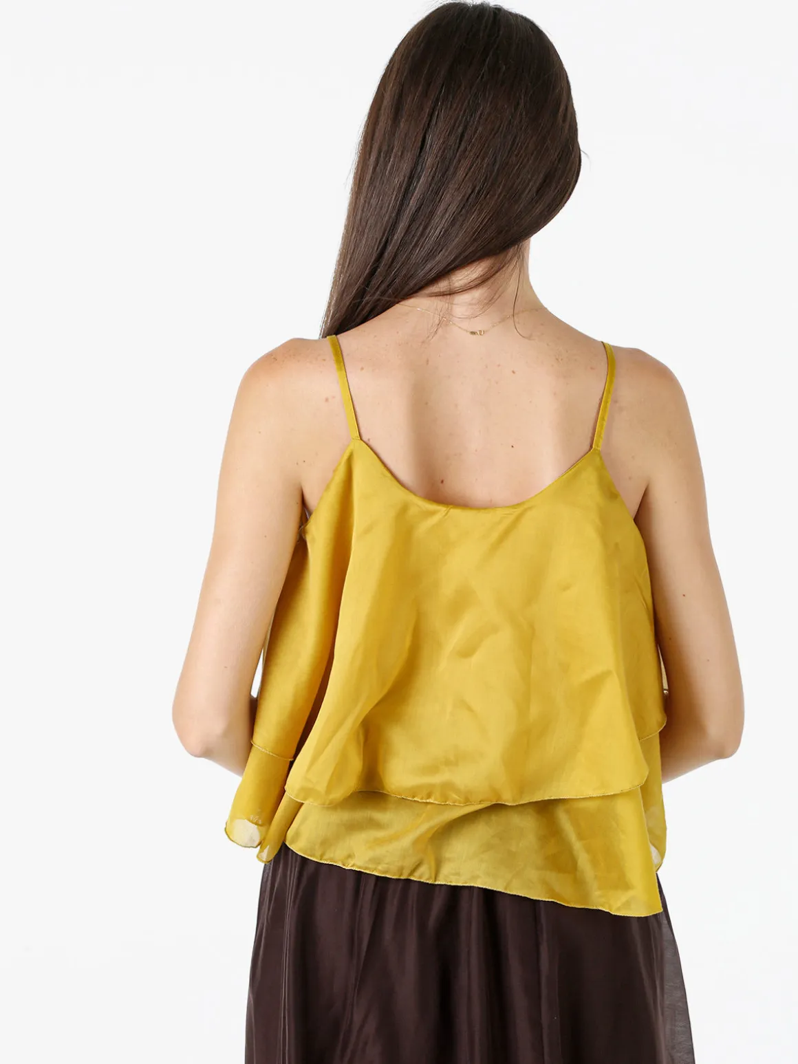 Solada Top donna leggero con spalline strette e balza - senape