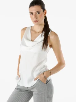 Solada Top donna smanicato con scollo a cascata in tessuto effetto raso - bianco