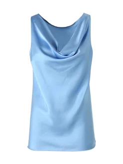 Solada Top donna smanicato con scollo a cascata in tessuto effetto raso - azzurro