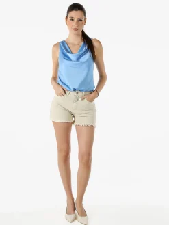 Solada Top donna smanicato con scollo a cascata in tessuto effetto raso - azzurro
