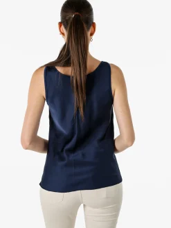 Solada Top donna smanicato con scollo a cascata in tessuto effetto raso - blu scuro