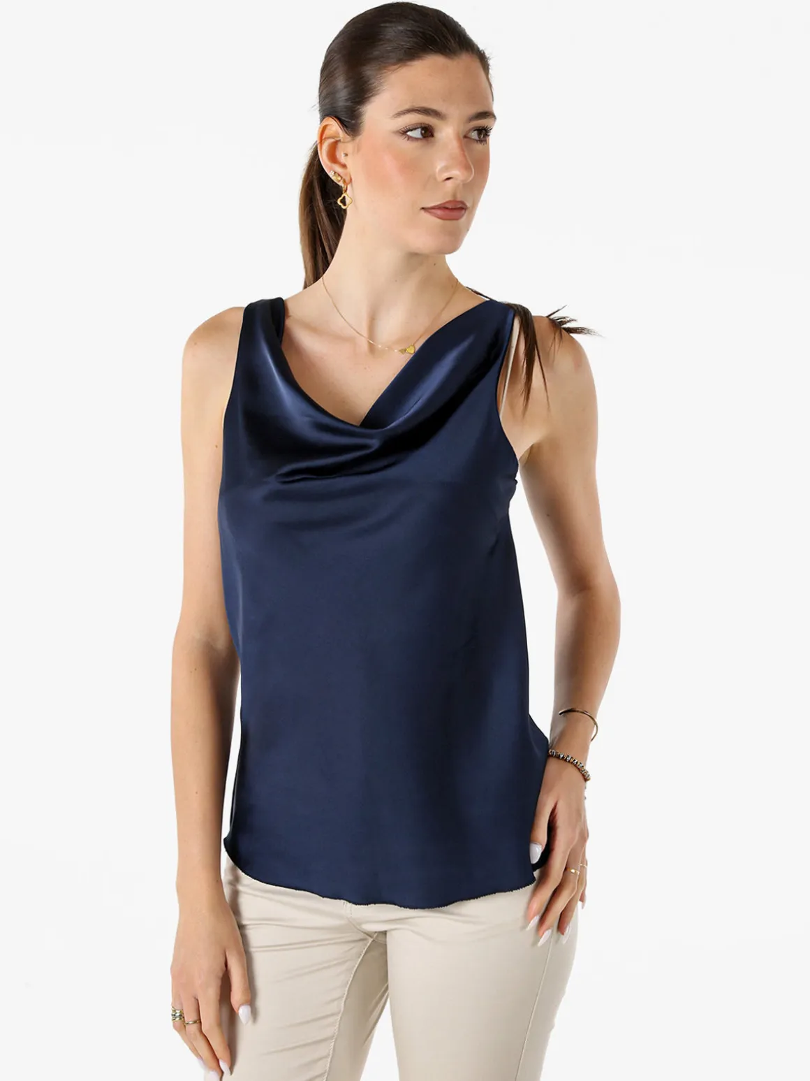 Solada Top donna smanicato con scollo a cascata in tessuto effetto raso - blu scuro