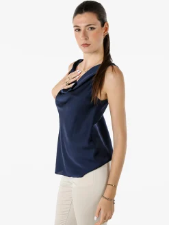 Solada Top donna smanicato con scollo a cascata in tessuto effetto raso - blu scuro
