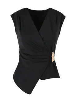 Solada Top donna smanicato con scollo a V e dettaglio dorato - nero