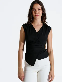 Solada Top donna smanicato con scollo a V e dettaglio dorato - nero