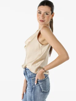 Solada Top donna smanicato con scollo a cascata in tessuto effetto raso - beige