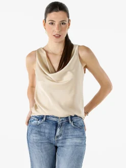 Solada Top donna smanicato con scollo a cascata in tessuto effetto raso - beige