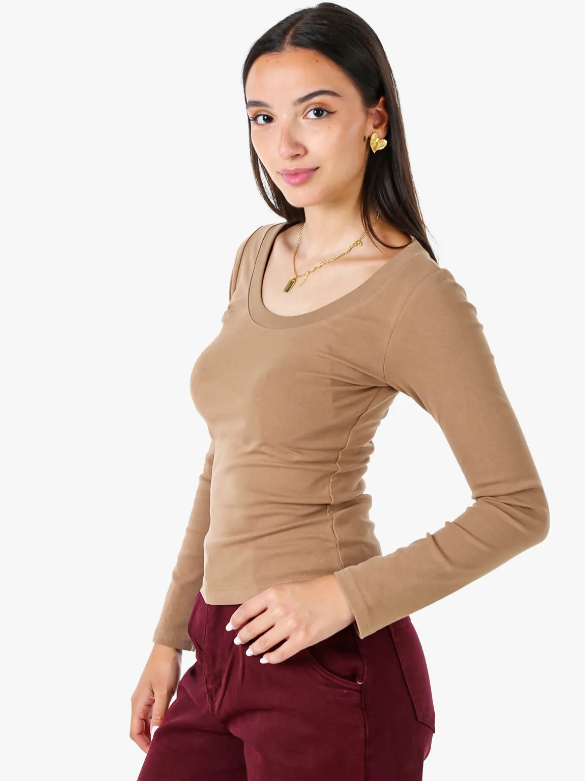 Solada T-shirt a maniche lunghe da donna in cotone - khaki