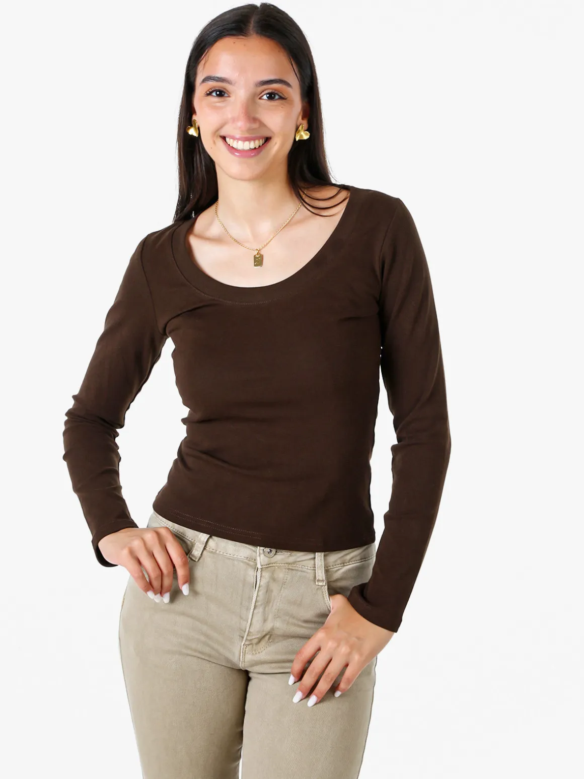Solada T-shirt a maniche lunghe da donna in cotone - marrone
