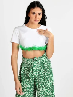 Solada T-shirt cropped donna con piume