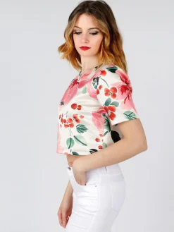 Solada T-shirt cropped fiorata con cerniera dietro