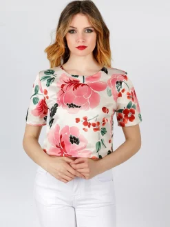 Solada T-shirt cropped fiorata con cerniera dietro
