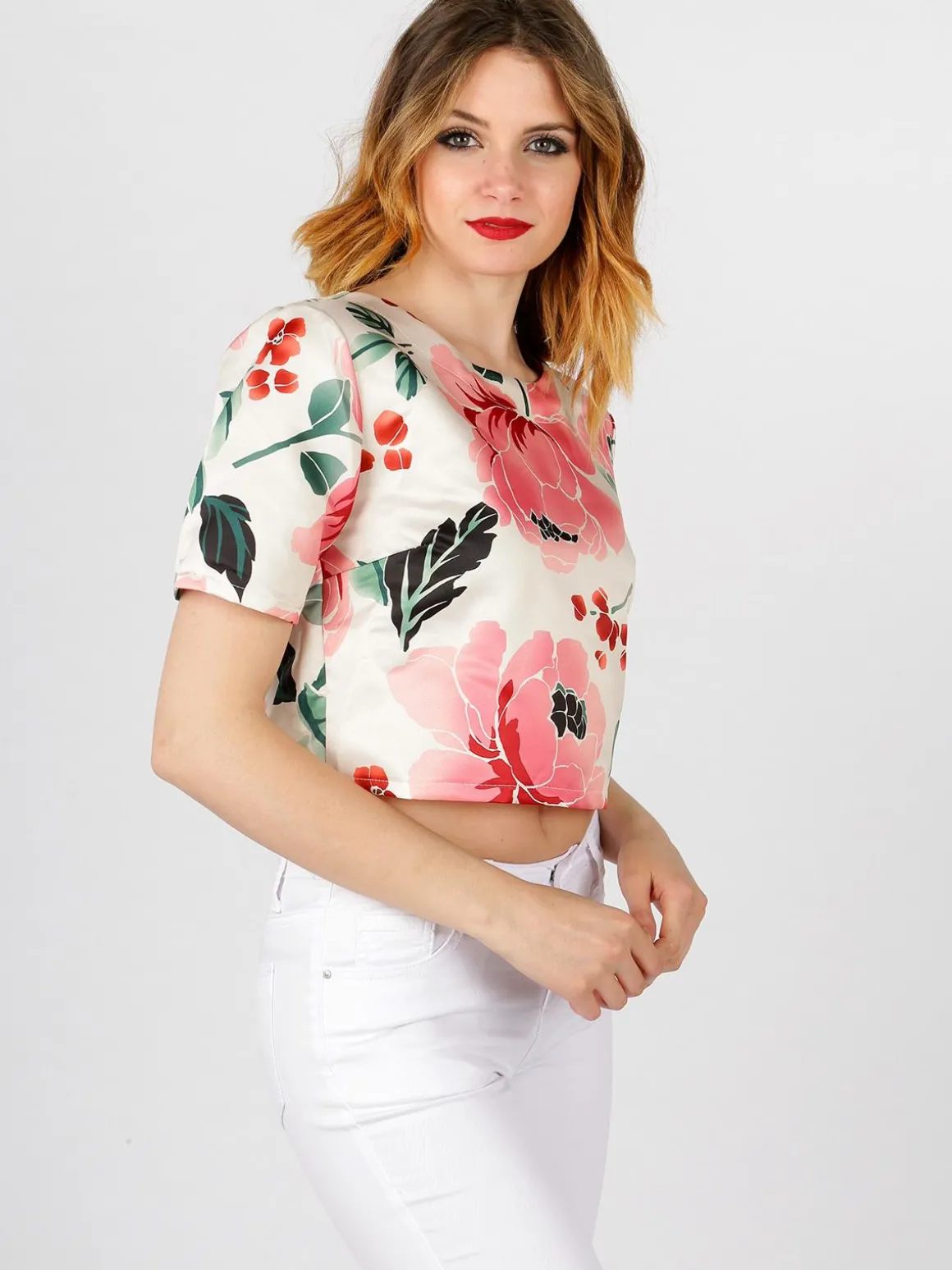 Solada T-shirt cropped fiorata con cerniera dietro