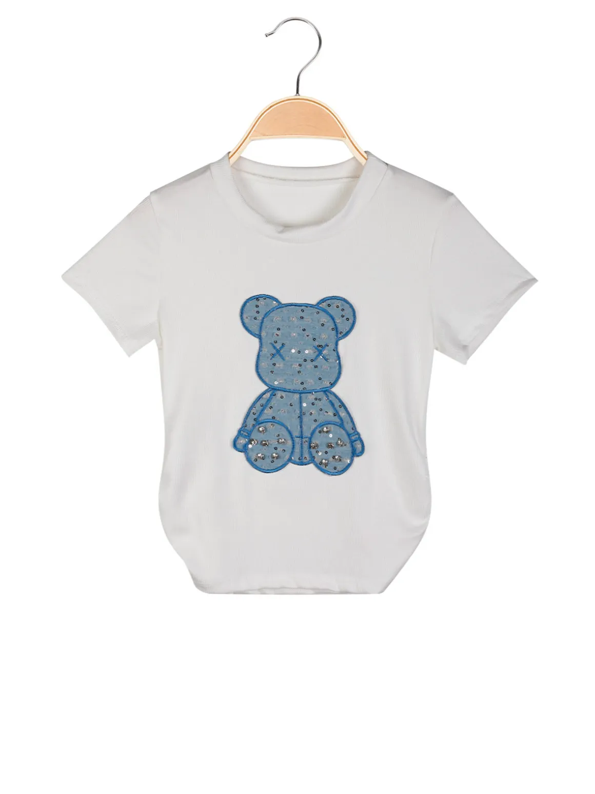 Solada T-shirt da bambina a costine con orsacchiotto in jeans