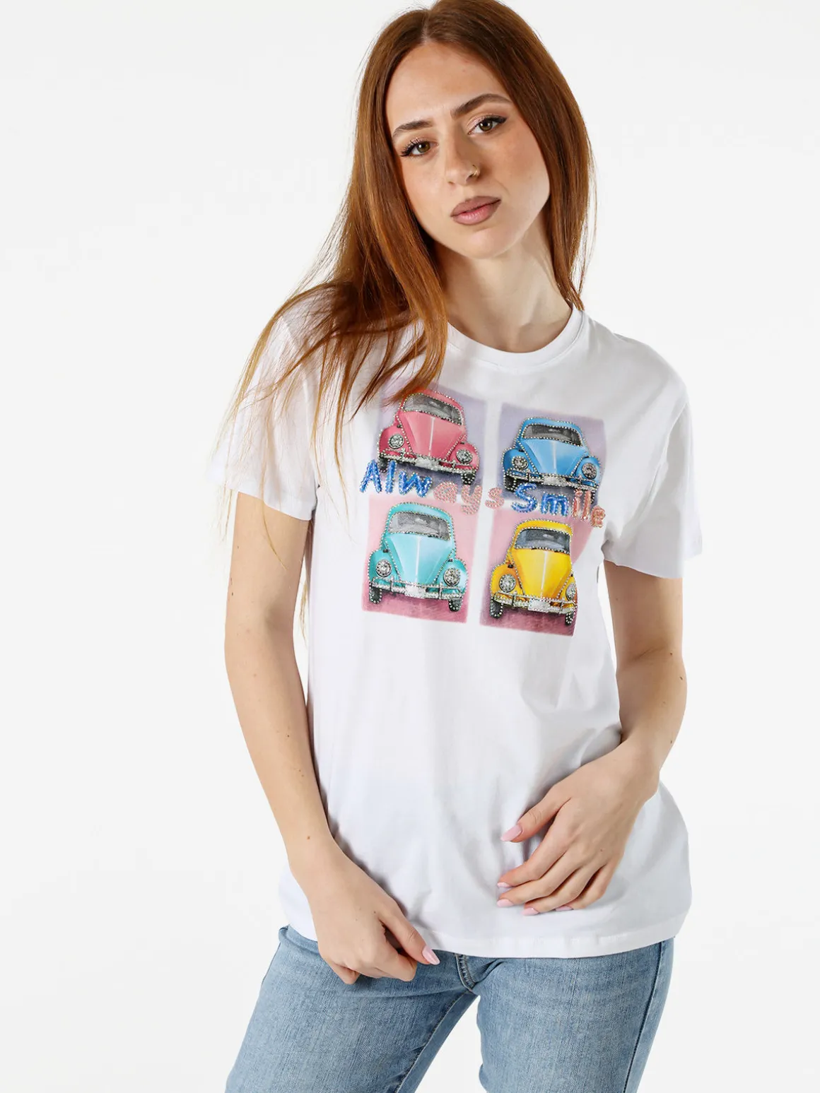 Solada T-shirt da donna in cotone con stampa e strass - rosa